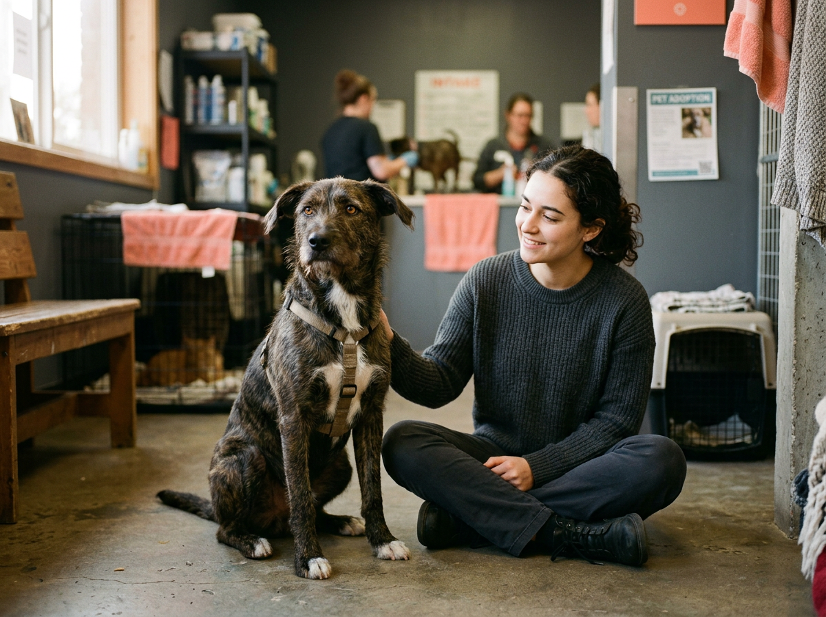 A rescue dog looking attentively toward the camera